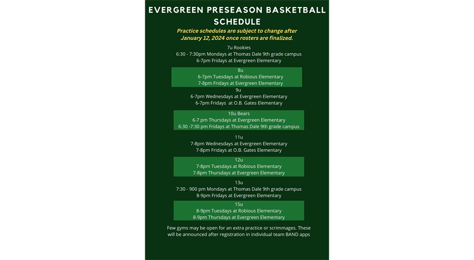2023-24 EAA Basketball Practice Schedule
